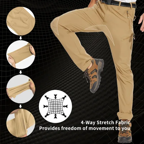 Miniatura 3 de NOUKOW Pantalones de senderismo para hombre, de secado rápido, ligeros, impermeables, elásticos, 6 bolsillos con cremallera y cinturón