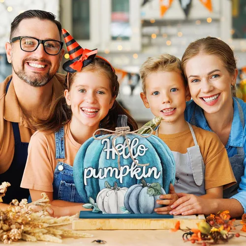 Miniatura 6 de Soaoo Decoración de Acción de Gracias, letrero de madera de otoño con texto en inglés "Hello Pumpkin", decoración de mesa de calabaza de otoño de 11