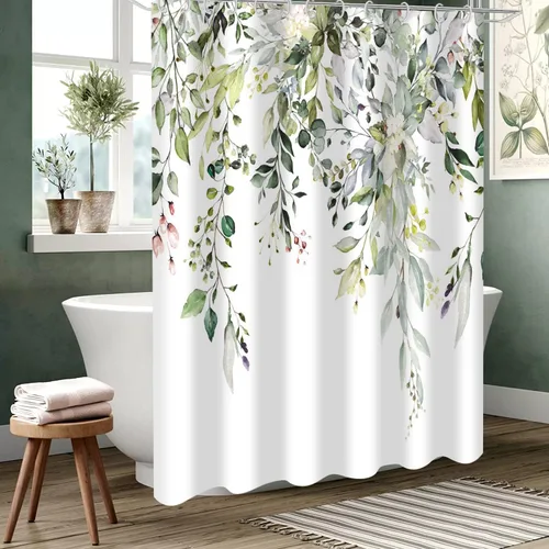 Miniatura 2 de Cortina de ducha de eucalipto, hojas verdes de acuarela en la parte superior con cortina de baño floral, decoración de baño para bañera, tela Hoja