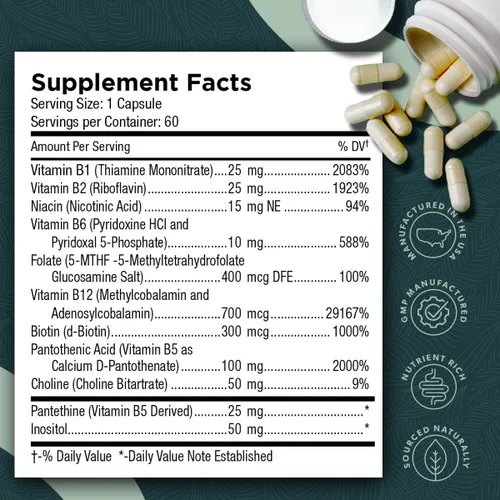 Miniatura 6 de Vitaminas B metiladas del complejo B Tri-Methyl+ - Suplemento vitamínico del complejo de metilo B de espectro completo para apoyo MTHFR con formas