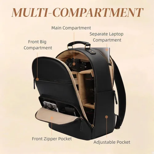 Miniatura 7 de Mochila Clásica para Cámara de Cuero PU para DSLR, Bolsa de Cámara Profesional para Fotógrafos con Compartimento para Laptop de 15 Pulgadas Grande