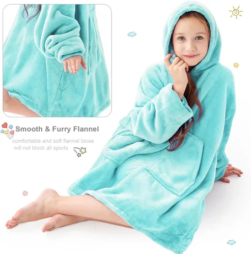 Miniatura 4 de Aemicion - Manta con capucha tipo sudadera para niños, extrasuave y abrigada, tamaño grande, para niños y niñas (verde azulado)