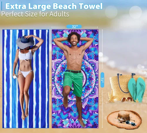 Miniatura 27 de Paquete de 2 toallas de playa ligeras y delgadas de gran tamaño de 71 x 32 pulgadas, toallas grandes de microfibra extra grandes sin arena