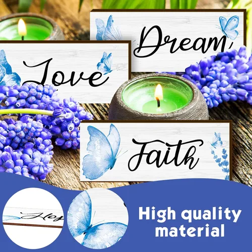 Miniatura 3 de Gerrii 4 piezas de decoración de pared de fe, esperanza, amor, sueño, elegante, primavera, mariposa, madera, decoración para colgar en la Azul