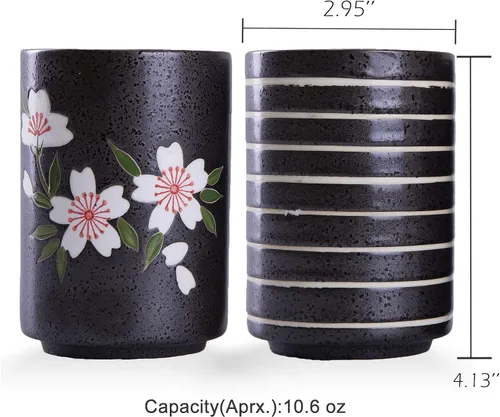 Miniatura 2 de WHJY Juego de 2 tazas de té de cerámica sin asa estilo chino/japonés transicional de 10 oz, patrón de flor de cereza y línea Flower & Line