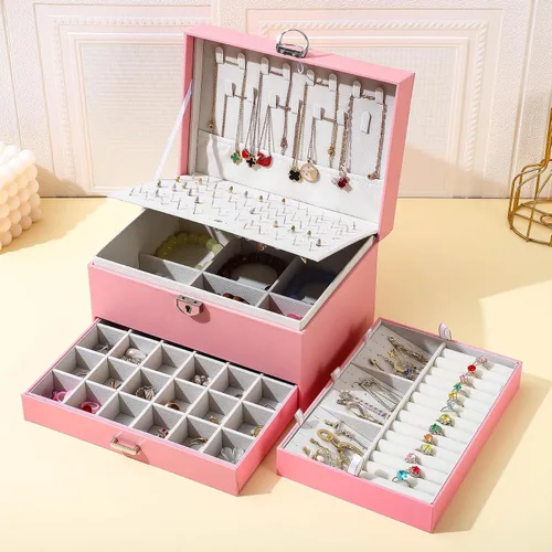 Miniatura 7 de BOOVO Joyero de aretes para mujeres y niñas, organizador de tachuelas, caja organizadora de joyas de 5 capas con candado, organizador de aretes