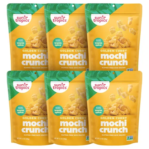 Sun Tropics Mochi Snack Bites, sabor a curry dorado, 3.5 onzas (paquete de 6) | Bocaditos crujientes de Mochi crujientes, pepitas de arroz |