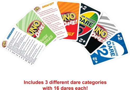 Miniatura 4 de Mattel Games Juego de cartas UNO Dare para familias y fiestas con desafíos desafiantes y tontos de 3 categorías diferentes