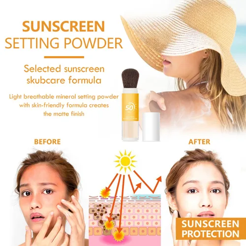 Miniatura 2 de Polvo de ajuste de protección solar para cara, polvo mineral protector solar, control de aceite, acabado mate natural, transpirable, polvo facial