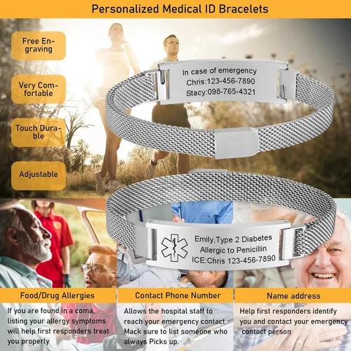 Miniatura 2 de VNOX Pulsera de identificación de alerta médica para hombres y mujeres, pulseras de alerta médica con grabado personalizado para mujeres y hombres