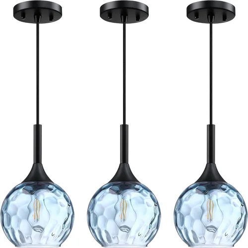Lámpara colgante de barra de vidrio azul con textura de 6.3 pulgadas, paquete de 3 lámparas colgantes de techo con acabado negro, moderna casa de