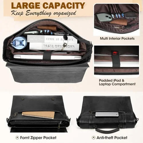 Miniatura 4 de RAINSMORE Bolsa de mensajero para hombre de 17 pulgadas, impermeable, de piel vintage, maletín para laptop, bolsa grande para laptop, cartera, bolsa