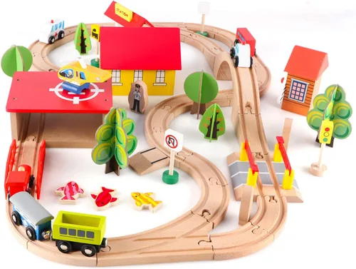 Miniatura 8 de Qilay Juego de trenes de madera de 69 piezas, pistas y trenes de madera de primera calidad para niños pequeños de 3, 4 y 5 años, juguetes de tren