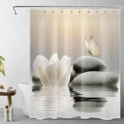 EOBTAIN Cortina de ducha floral zen, lirio de agua blanca, mariposa y piedra zen gris, cortinas de ducha para baño, plantas, naturaleza, espiritual,
