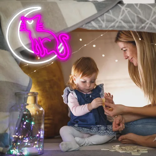 Miniatura 5 de SmilingTown Letreros de neón rosa y blanco para decoración de pared, funciona con USB, luces decorativas de neón de luna y gato para el hogar