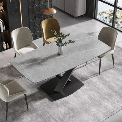 Miniatura 8 de Mesa de comedor moderna, mesa de comedor de piedra sinterizada blanca antigua con base de acero al carbono sólido en forma de X, mesa de comedor