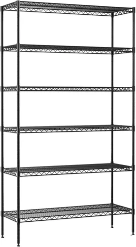 Estante de alambre de 6 niveles de 72 x 16 x 42 pulgadas, estantes de almacenamiento de metal – Todo el estante puede soportar 1500 libras – Negro