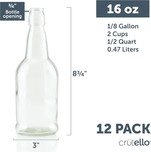 Miniatura 6 de Crutello Botellas de cerveza de vidrio transparente de 16 onzas para elaboración de cerveza, kombucha, soda, jugo, paquete de 12 botellas de vidrio