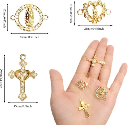 Miniatura 2 de 30 dijes de aleación de diamantes de imitación de Virgen María, dije de medalla religiosa con cruz de Jesús, dijes de rosario de Nuestra Señora