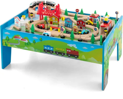 Miniatura 10 de HONEY JOY Mesa de tren, mesa de actividades de madera para niños con cajón de almacenamiento, 100 piezas multicolores, pistas, trenes, autos, juego