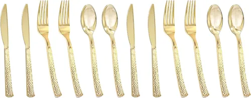 Miniatura 16 de Nervure Juego de cubiertos de plástico dorado de 90 piezas, juego de cubiertos desechables resistentes, utensilios de plástico dorado de lujo que