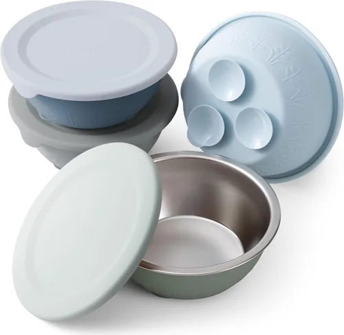 Miniatura 10 de Moonkie Cuencos para bebés con succión, cuencos de acero inoxidable y silicona para niños pequeños con tapas, diseño de una sola pieza sin costuras