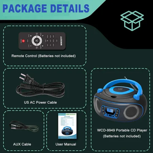 Miniatura 8 de Reproductor de radio portátil CD Boombox con Bluetooth, radio FM, reproducción de MP3 por USB, entrada AUX, conector para auriculares, compatible