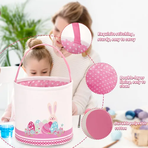Miniatura 3 de LessMo - Canasta de conejito para huevos de Pascua, color rosa, bonita, personalizable, de lona y algodón, para búsqueda de huevos y regalos
