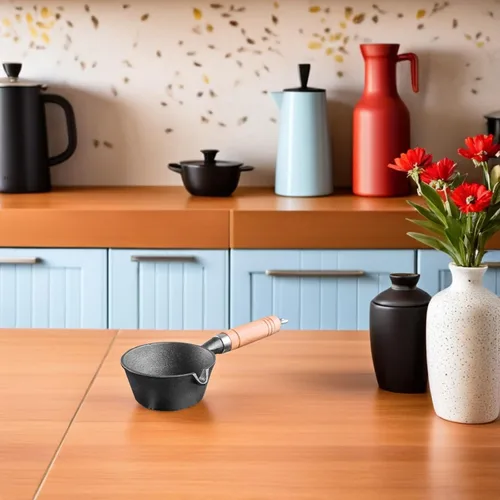 Miniatura 8 de Sartén de hierro fundido calentador de mantequilla, mini sartén de huevo, salsa de sopa de hierro, olla de fusión con mango de madera para cocinar