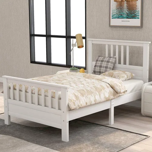 Miniatura 3 de MERITLINE Marco de cama individual, marco de cama de madera con cabecero, no necesita somier (blanco, individual)