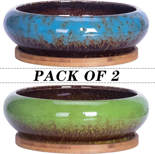 Miniatura 2 de ARTKETTY Macetas para suculentas de 7.3 pulgadas con drenaje, paquete de 2, macetas poco profundas para bonsái con bandeja de cerámica para plantas
