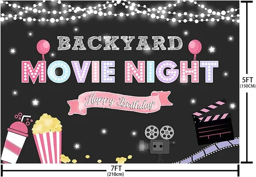 Miniatura 5 de Fondo rosa de 7 x 5 pies con proyector de noche de cine para niñas en el patio trasero, palomitas de maíz, fondo de bebida espumosa, decoración