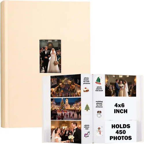 Álbum de fotos de 4 x 6 pulgadas, 450 imágenes con espacio de escritura, cubierta de piel sintética, libro de fotos con ventana frontal para Beige
