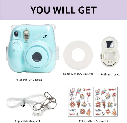 Miniatura 7 de CAIYOULE Funda transparente para cámara Fujifilm Instax Mini 7+ con bolsillo trasero de almacenamiento de fotos, espejo selfie, calcomanías y correa