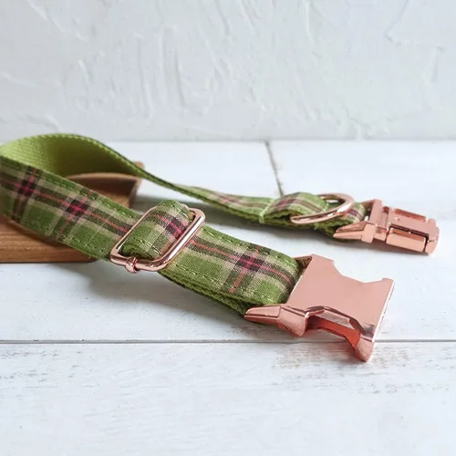 Miniatura 5 de PETDURO Collar de Perro a Cuadros Personalizado Verde Manzana - Nombre y Número de Teléfono Grabados en Hebilla de Metal Oro Rosa - Personalizado