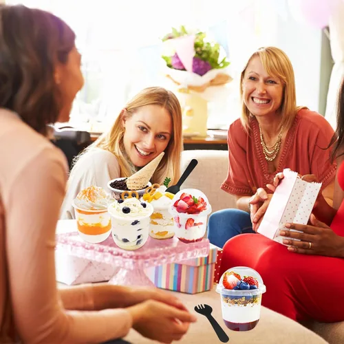 Miniatura 6 de Panxxsen Paquete de 100 vasos de plástico transparente de 12 onzas con tapas de cúpula, tazas de yogur Parfait con cucharas, taza de plástico sin