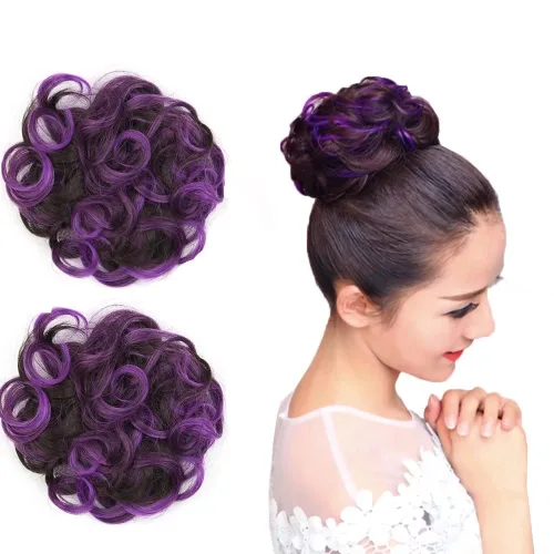 Miniatura 9 de Extensiones de cabello rizado, color marrón y rosa claro, extensiones de moño desordenado, 2 unidades por paquete, extensiones de moño elástico