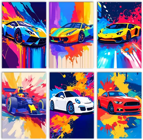 Miniatura 16 de Pintura por números, auto de carreras, kit de pintura al óleo de lienzo colorido para niños y adultos, pintura de dibujo de 16 x 20 pulgadas