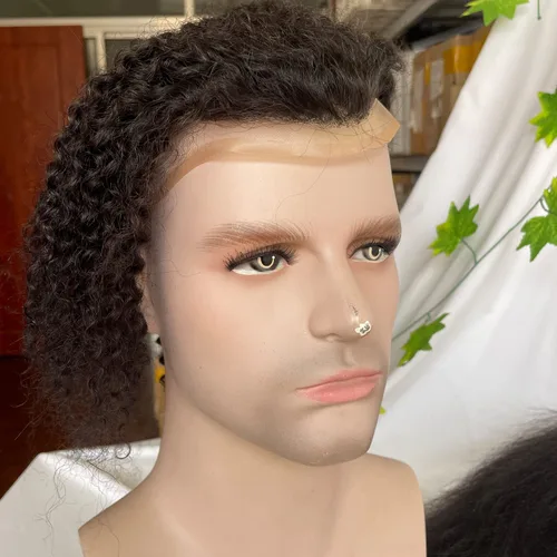 Voloria Reemplazo de cabello humano rizado rizado de 12 pulgadas de largo para hombre, encaje mono y poliuretano alrededor con encaje suizo frontal