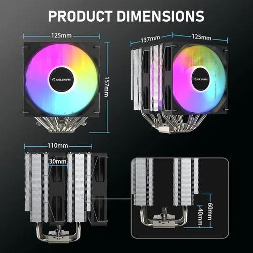 Miniatura 7 de Enfriador de CPU de doble torre, 6×6 mm de tubos de calor, ventiladores ARGB PWM duales de 120 mm, velocidad de 2000 RPM, para AMD AM4/AM5; Intel