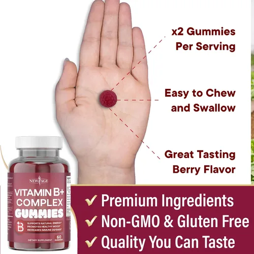 Miniatura 5 de NEW AGE - Gomitas de complejo de vitamina B con vitamina B3, B5, B6, B7, B9 y B12, con biotina, ácido fólico y vitamina C, sin gluten, veganas