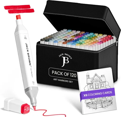JACK BROWN Juego de marcadores de alcohol de 120 colores con doble punta fina y cincel, marcadores de arte profesionales para adultos y niños,