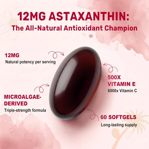 Miniatura 3 de BEWORD Astaxantina 12 mg con aceite MCT, 60/120 cápsulas blandas, suministro para 2 meses Suplementos antioxidantes premium Microalgas