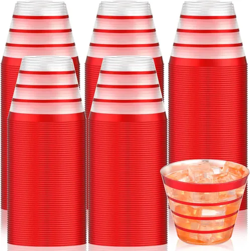 Yaomiao 100 vasos desechables con borde de 9 onzas (4 anillos), copas de vino transparentes desechables, vasos de plástico para cóctel de plástico