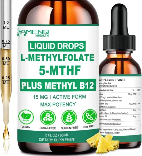 Suplemento de metilfolato gotas líquidas, L Methy Folate 15mg Plus Methy B12, B6, B2 Multivitamínico, Metabólicamente Activo 5-MTHF Forma para el