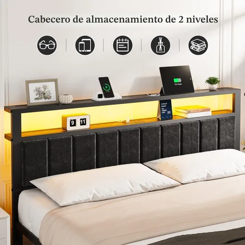 Miniatura 3 de OLEVS Base de cama King con estación de carga y luces LED, cama de plataforma moderna con cabecera de almacenamiento tapizada, no necesita somier