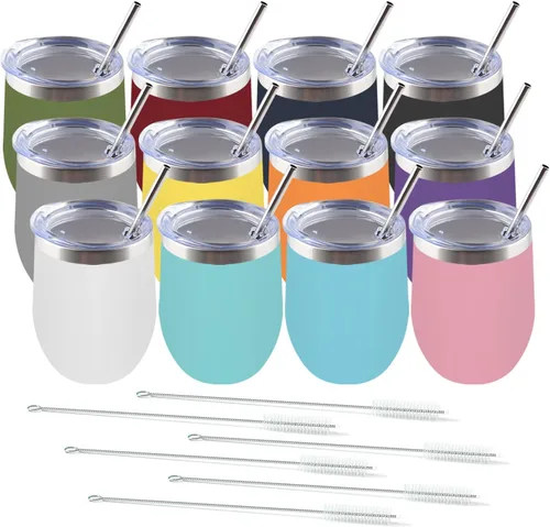Amtidy Paquete de 12 vasos de acero inoxidable con recubrimiento en polvo con tapa, equipado con popote y cepillo para pajilla, vaso de viaje de