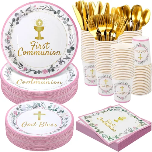 Miniatura 18 de Kochorie 400 piezas de decoraciones de fiesta de feliz cumpleaños, incluyendo platos de papel desechables, vasos, servilletas, juegos de vajilla que