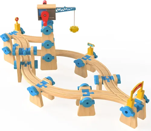 Miniatura 2 de Juego de construcción de pistas de tren de madera, 115 piezas, juguetes modulares STEM ferroviarios, paquete de expansión #3 Construye grúa torre