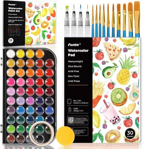 Funto Juego de acuarela, juego de pintura de 48 colores, 10 pinceles, 30 páginas (9 x 12 pulgadas), 4 bolígrafos recargables y más, kit de pintura